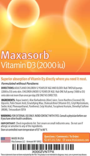 Vita Sciences Vitamin D3 Skin Cream - 2000IU Maxasorb D3 Lotion - 1.7 Fl Oz by Vita Sciences