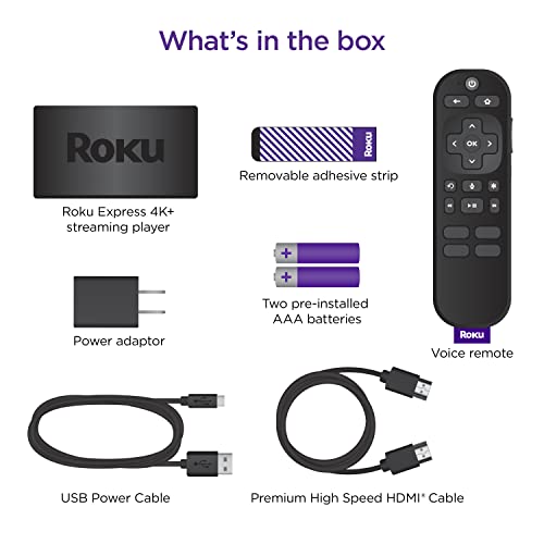 Roku Express 4K+ | Reproductor Multimedia de transmisión HD/4K/HDR con transmisión inalámbrica Suave y Control Remoto de Voz Roku con Controles de TV, Incluye Cable HDMI Premium