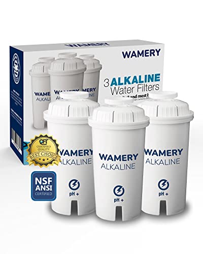 Wamery Filtro de agua de repuesto, paquete de 3 Compatible con jarra. Sistema de cartucho ionizador y purificador. Certificado NSF ANSI. Reduce el cloruro, metales duros del llave de la cocina.