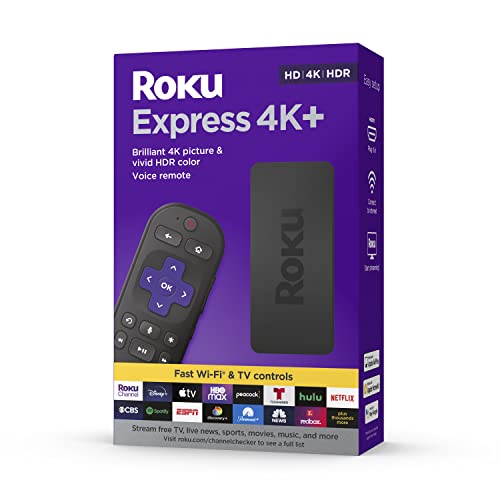 Roku Express 4K+ | Reproductor Multimedia de transmisión HD/4K/HDR con transmisión inalámbrica Suave y Control Remoto de Voz Roku con Controles de TV, Incluye Cable HDMI Premium