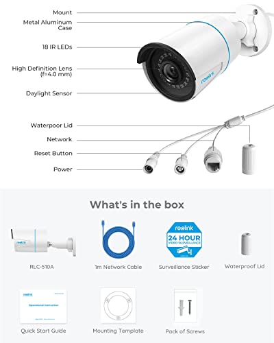 REOLINK Cámaras de seguridad para exteriores, sistema de cámara de seguridad para el hogar para vigilancia PoE IP de 5 MP, detección inteligente de seres humanos/vehículos, funciona con casa inteligente, lapso de tiempo, tarjeta SD de hasta 256 GB, RLC-51