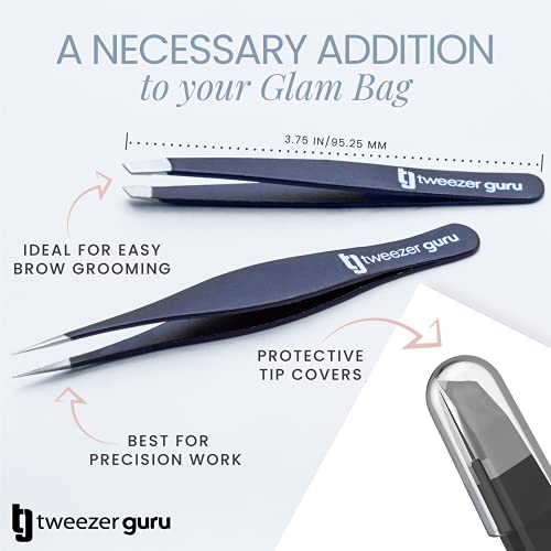 Tweezers Set - TweezerGuru Stainless Steel Slant Tip and Pointed Eyebrow Tweezer Set - Great Precision for Facial Hair, Ingrown Hair, Splinter, Blackhead and Tick Remover (Black)