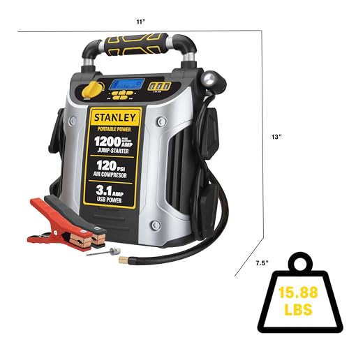 STANLEY Arrancador automotriz de 1200 amperios máximos, Potencia portátil, Puerto USB de 2.1A/10W, compresor de Aire de 120 PSI