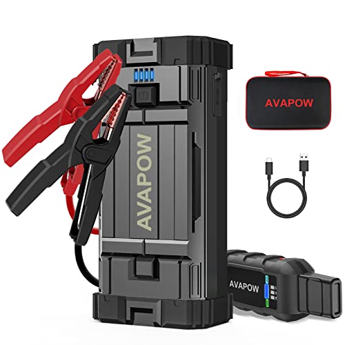 AVAPOW - Arrancador de batería de coche (para todo gas o diésel de hasta 12 l), potente arranque de batería de coche con doble carga rápida USB y salida CC, paquete de salto de 12 V con luz LED brillante integrada