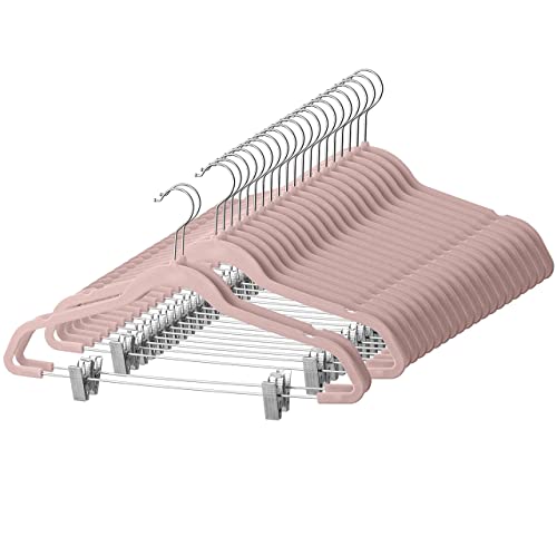 ZOBER - Perchas de terciopelo para pantalones de alta calidad, resistentes y duraderas, con clips de metal, gancho giratorio cromado de 360 grados, ultra delgadas, antideslizantes, con muescas