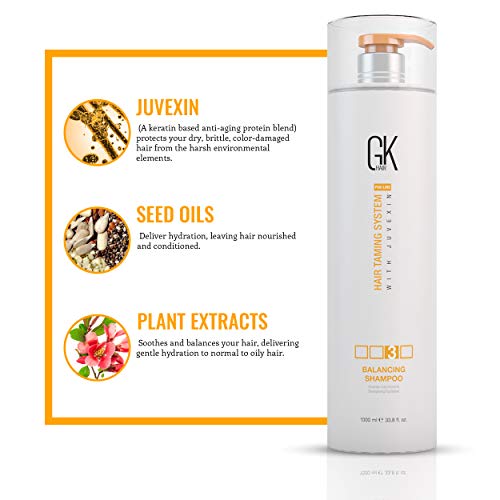 GK HAIR Global Keratin Balancing Shampoo (33.8 Fl Oz/1000ml) For Oily & Color Treated Hair Deep Cleansing, Restores pH Levels Ideal for Over-Processed and Environmentally Stressed Hair