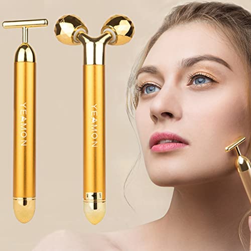 2-IN-1 Beauty Bar 24k Golden Pulse Facial Face Massager,3D Roller Electric Sonic Energy and T Shape Arm Eye Nose Head Massager Instant Face Lift,Anti-Wrinkles,Skin Tightening,Face Firming