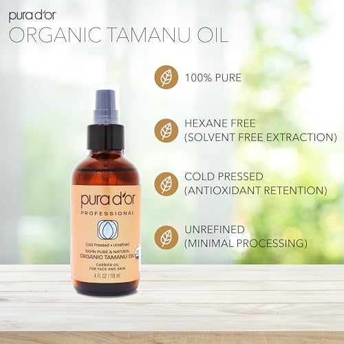 PURA D’OR Organic Tamanu Oil (4oz) USDA Certified - 100% Pure & Natural Moisturizer - Perfect Base Carrier Oil for DIY Skin Care - Helps Reduce Scars from Psoriasis, Eczema & Acne (Packaging may vary)