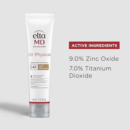 EltaMD UV Physical Tinted Broad-Spectrum SPF 41, Protector solar, Fórmula de óxido de zinc a base de minerales, resistente al agua, sin aceite, recomendada por dermatólogos, 85g