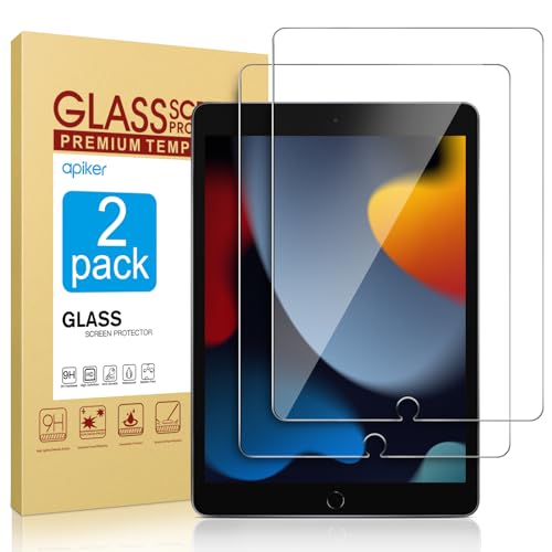 Paquete de 2 protectores de pantalla compatibles con iPad de 9ª generación/iPad de 8ª generación de 10.2 pulgadas, vidrio templado apiker compatible con iPad 9 8 7 (2021/2020/2019)