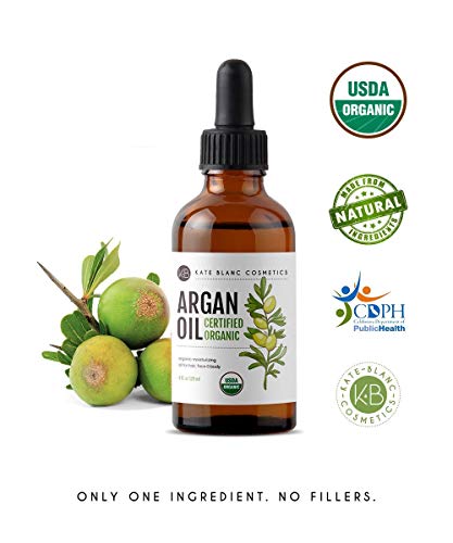 Aceite de argán marroquí, certificado USDA, orgánico, virgen, 100% puro, prensado en frío por Kate Blanc. Estimula el crecimiento para cabello seco y dañado. Hidratante para la piel. Protector de uñas.