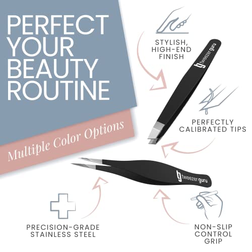 Tweezers Set - TweezerGuru Stainless Steel Slant Tip and Pointed Eyebrow Tweezer Set - Great Precision for Facial Hair, Ingrown Hair, Splinter, Blackhead and Tick Remover (Black)