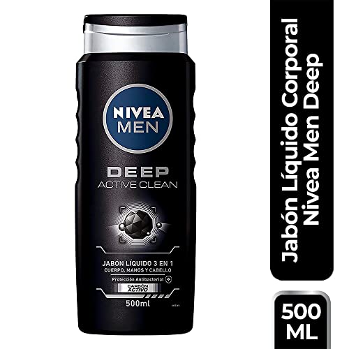 NIVEA MEN Jabón Líquido Corporal 3 en 1 para Cuerpo, Rostro y Cabello, Active Clean Body Wash Antibacterial, 500 ml