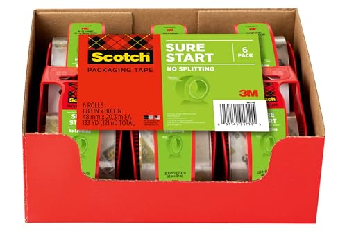 Scotch Sure Start cinta de embalaje, 6 rollos con dispensador, 4,8 x 22,2 yardas, núcleo de 2 pulgadas, ideal para embalar, enviar y mover, transparente (145-6)