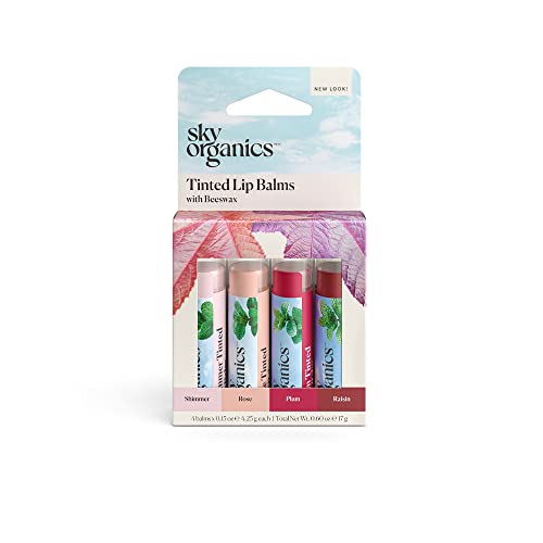 Organic Tinted Lip Balm by Sky Organics â?" 4 Pack Assorted Colors â?"- With Beeswax, Coconut Oil, Cocoa Butter, Vitamin E- Minty Lip Plumper for Dry, Chapped Lips- Tinted Lip Moisturizer. Made in USA