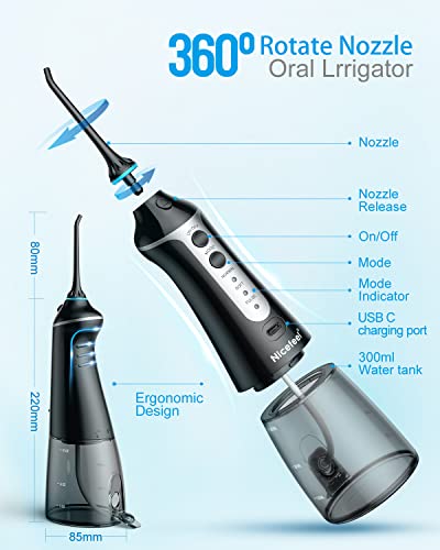 Nicefeel - Depósito de agua limpiable de 300 ml, recargable, 3 modos, irrigador oral con funda de punta para cuidado bucal