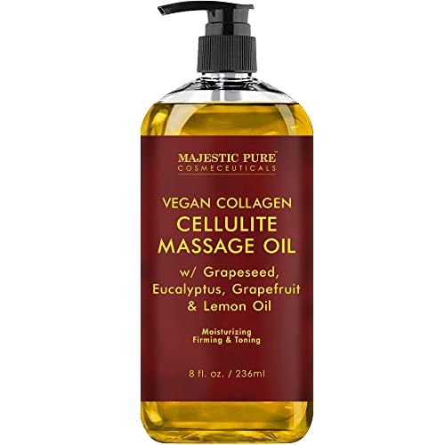 Majestic Pure Natural Cellulite Massage Oil, Unique Blend of Massage Essential Oils - Improves Skin Firmness, More Effective Than Cellulite Cream, 8 fl oz