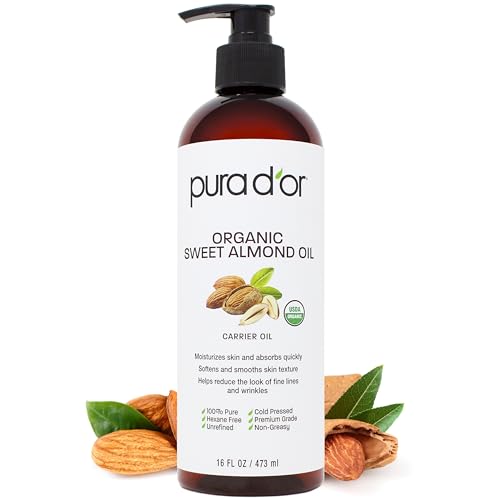 PURA D'OR Organic Sweet Almond Oil (16oz) USDA Certified 100% Pure & Natural Carrier Oil - Hexane Free - Skin & Face - Facial Polish, Full Body, Massages, DIY Base (Packaging may vary)