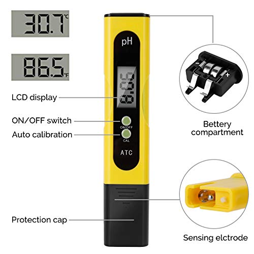 Medidor digital de pH – 0,01 PH de alta precisión de calidad del agua PH 0,0-14,0 PH Monitor ATC Pocket Pen Analyzer Pool Water Aquarium Pocket Pocket Portable (amarillo)
