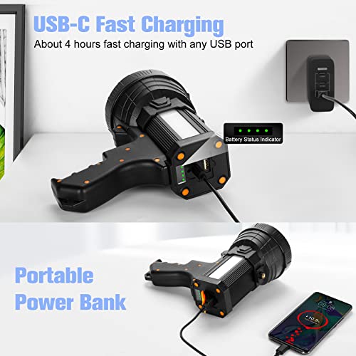 YIERBLUE Foco recargable, superbrillante, 6000 lúmenes, linterna LED de mano, foco de 10000 mAh, larga duración, linterna de búsqueda y linterna de camping