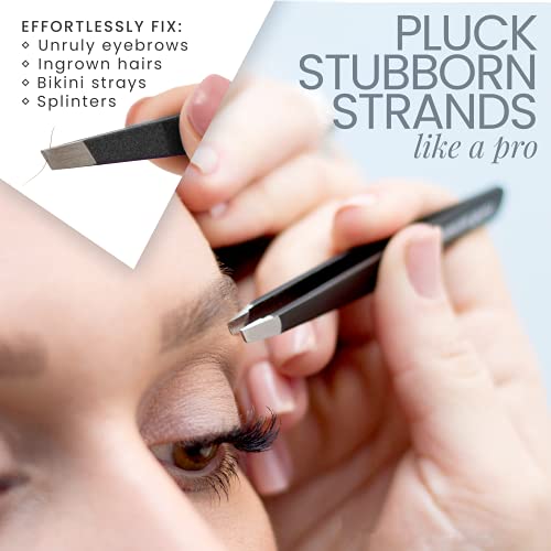 Tweezers Set - TweezerGuru Stainless Steel Slant Tip and Pointed Eyebrow Tweezer Set - Great Precision for Facial Hair, Ingrown Hair, Splinter, Blackhead and Tick Remover (Black)