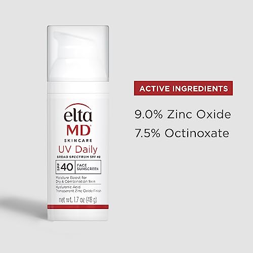EltaMD Protector solar UV Daily Face hidratante con ácido hialurónico, amplio espectro SPF 40, loción de óxido de zinc transparente, a base de minerales UVA, protección solar UVB, 1.7 onzas