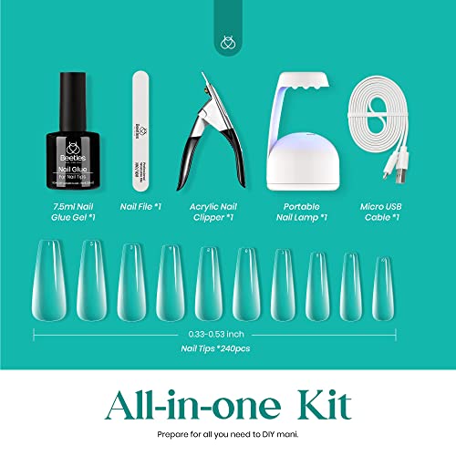 Beetles Coffin Nail Tips Nail Gel Kit, 2 In 1 Nail Gel Base Coat with Long False Nail and U V LED Nail Lamp for Acrylic Nail/Dip Powder Nails/Poly Nail Extension Gel Nail Art DIY Home