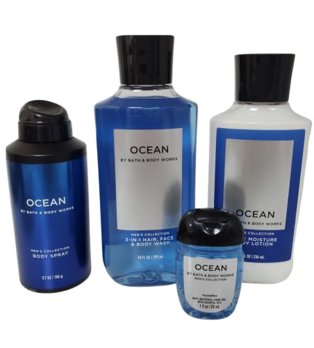Bath and Body Works Ocean for Men Full Size Gift Set 4 Pieces Body Lotion, Body Wash, Deodorizing Body Spray, Anti Bac Han Gel