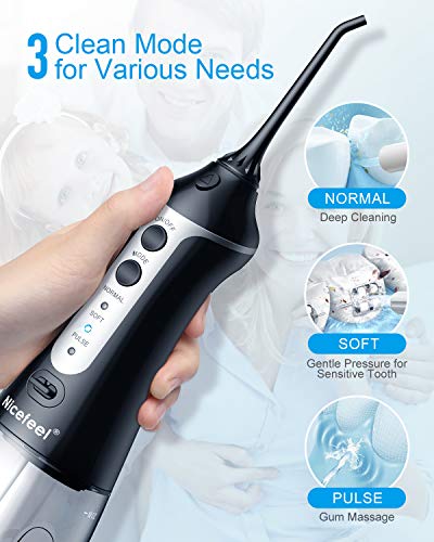 Nicefeel - Depósito de agua limpiable de 300 ml, recargable, 3 modos, irrigador oral con funda de punta para cuidado bucal