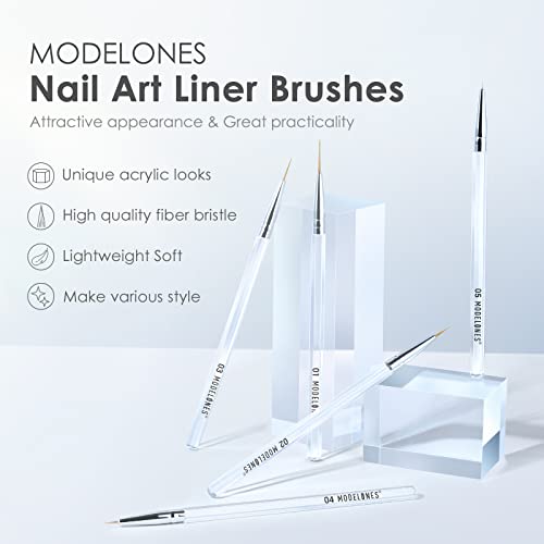Modelones Juego de brochas para decoración de uñas, esmalte de gel, diseño de uñas, bolígrafo con limpiador de brochas y acondicionador para líneas largas, detalles, diseños de arte de uñas, mango de forma hexagonal, tamaños 5/7/9/11/20 mm