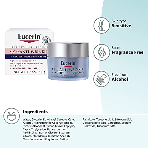 Eucerin, Crema antiarrugas de noche con CoQ10 y pro retinol, 48 g, 1.7 fluid ounces