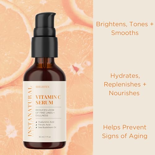 InstaNatural Vitamina C Serum con ácido hialurónico y Vit E – Fórmula natural y orgánica antiarrugas para la cara – círculo oscuro, línea fina y corrector de daños del sol – Restore & Boost Colágeno – 1 oz