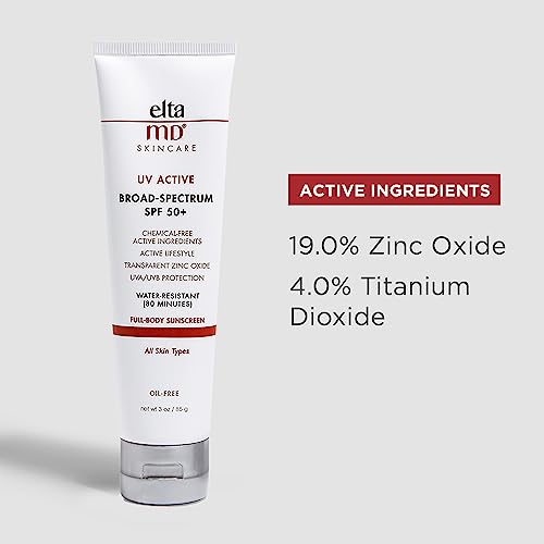 EltaMD UV Active Mineral Sunscreen Lotion Broad-Spectrum SPF 50+, Water-Resistant, Oil-Free, Non-Greasy, Full Body Sunscreen 3 fl. oz.