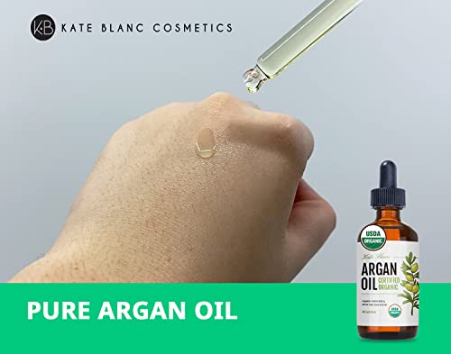 Aceite de argán marroquí, certificado USDA, orgánico, virgen, 100% puro, prensado en frío por Kate Blanc. Estimula el crecimiento para cabello seco y dañado. Hidratante para la piel. Protector de uñas.