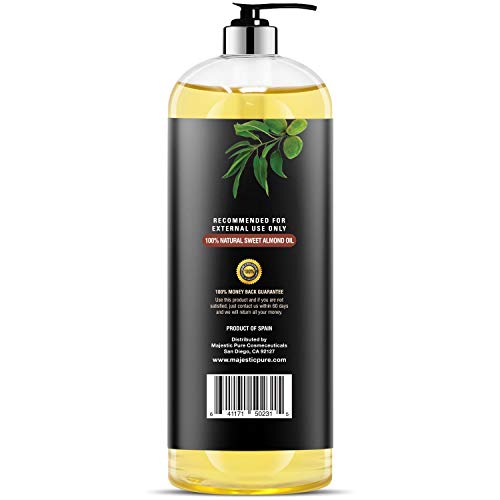 Majestic Pure Sweet Almond Oil, Super Triple A Grade Quality, 100% Pure and Natural from Spain, Cold Pressed , 16 fl oz.