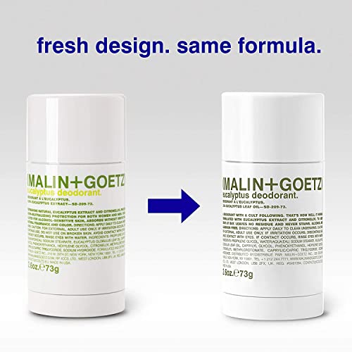 Malin + Goetz Desodorante de eucalipto bergamota, ingredientes naturales, eficaz contra el olor y el sudor, todo tipo de piel, sin residuos ni manchas, sin aluminio, alcohol, bicarbonato de sodio, parabenos, 2.6 onzas líquidas