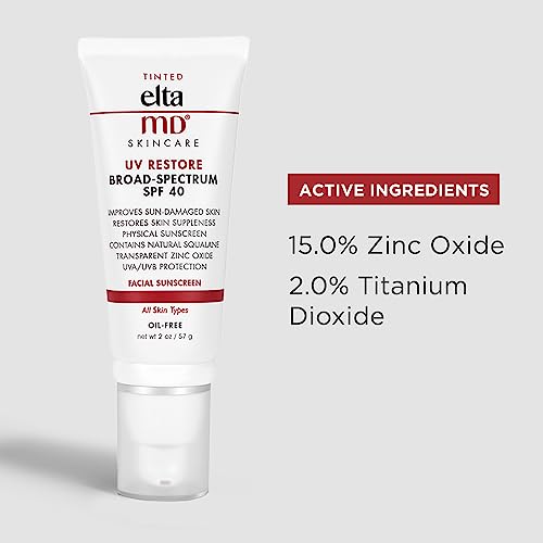 EltaMD UV Restore SPF 40 Anti Aging Face Moisturizer For Women, Broad Spectrum Physical Sunscreen with Zinc Oxide, Tinted Face Sunscreen, Anti Aging Moisturizer, Improves Skin Smoothness, 2 OZ Tube