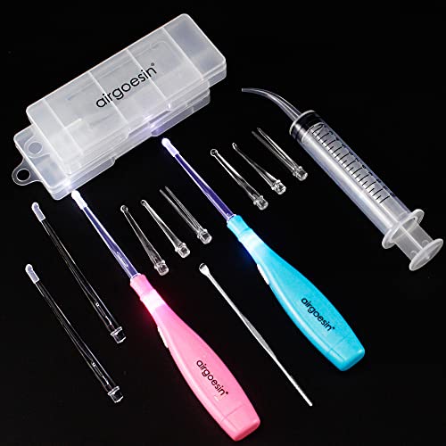 Airgoesin 2 Lighted Tonsil Stone Remove Tool, 6 Tips, Tonsillolith Pick Case + Irrigator Curved Clean Syringe