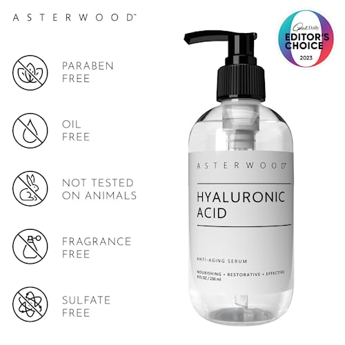 Hyaluronic Acid Serum 8 oz - 100% Pure Organic HA - Anti Aging, Anti Wrinkle - Original Face Moisturizer for Dry Skin & Fine Lines - Leaves Skin Full & Plump - ASTERWOOD NATURALS - Pump Bottle