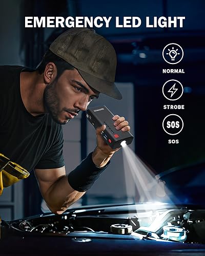 GOOLOO Jump Starter GE1200 1200A Peak 18000mAh Paquete de batería portátil para motor diésel de hasta 7.0L o 5.5L con carga rápida USB y luz LED, arranque de coche de litio de 12V