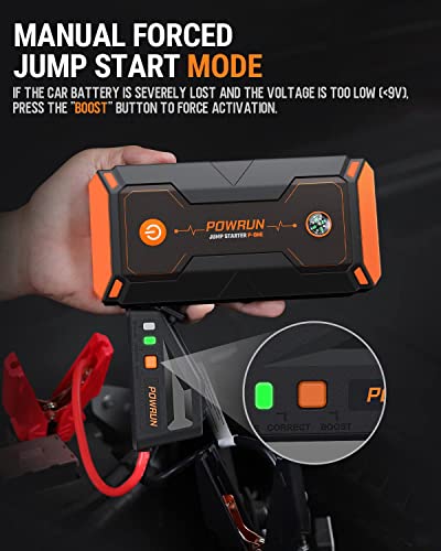 Powrun P-ONE - Arrancador de salto portátil de 2000 A, paquete de refuerzo de batería para motores de gas de hasta 8.0 L y diésel de 6.5 L, arranque de batería de 12 V con visualización LCD