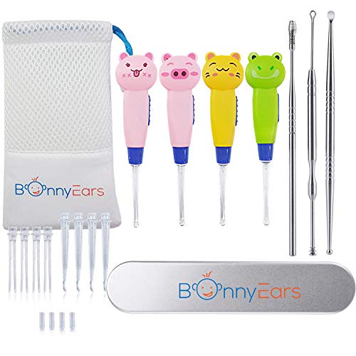 Ear Wax Removal Tool with Led Light for Kids - Toddlers, Infants, Baby and Adult by BonnyEars | Stainless Steel Earwax Remover Kit | Ear Pick Spoon Curette Tweezers Cleaning