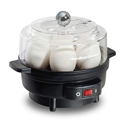 Hamilton Beach Olla eléctrica de huevo duro, 3 en 1: olla de huevo hervido, escalfador y omelette, puede contener 7 huevos, negro con perilla plateada (25500)