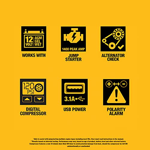 DEWALT DXAEJ14 - Arrancador Digital portátil para estación de alimentación: 1400 pico/700 amperios instantáneos, compresor de Aire Digital de 120 PSI, Puertos USB de 3.1 A, Abrazaderas de batería