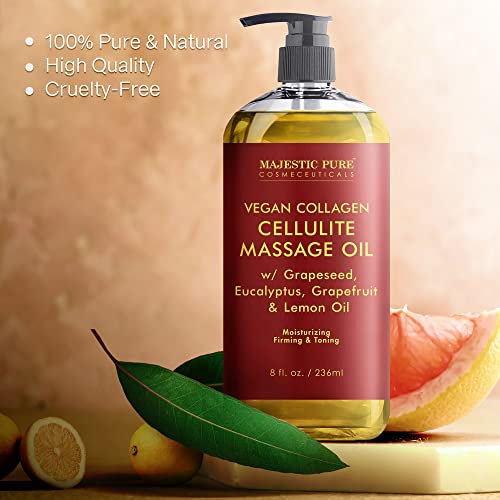Majestic Pure Natural Cellulite Massage Oil, Unique Blend of Massage Essential Oils - Improves Skin Firmness, More Effective Than Cellulite Cream, 8 fl oz