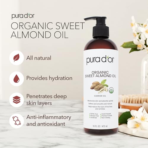 PURA D'OR Organic Sweet Almond Oil (16oz) USDA Certified 100% Pure & Natural Carrier Oil - Hexane Free - Skin & Face - Facial Polish, Full Body, Massages, DIY Base (Packaging may vary)