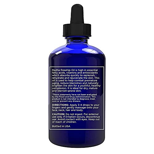 Radha Beauty USDA Certified Organic Rosehip Oil, 100% Pure Cold Pressed - Great Carrier Oil for Moisturizing Face, Hair, Skin, & Nails - 4 fl oz