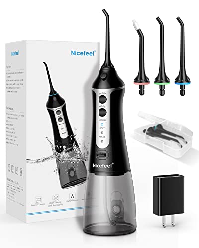 Nicefeel - Depósito de agua limpiable de 300 ml, recargable, 3 modos, irrigador oral con funda de punta para cuidado bucal