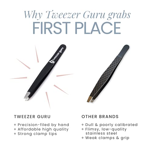 Tweezers Set - TweezerGuru Stainless Steel Slant Tip and Pointed Eyebrow Tweezer Set - Great Precision for Facial Hair, Ingrown Hair, Splinter, Blackhead and Tick Remover (Black)