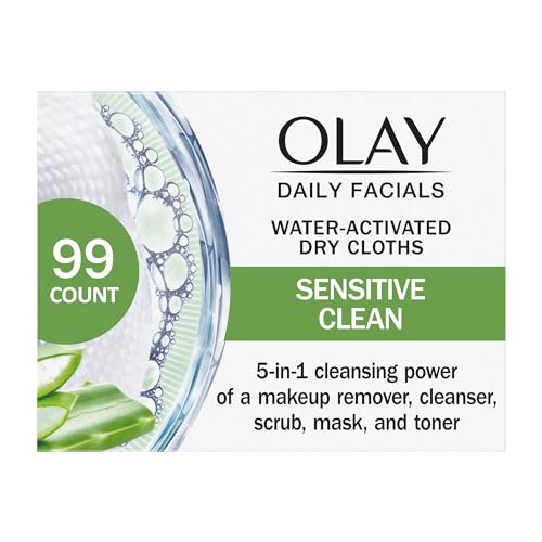 Olay 4-in-1 Fragrance & Soap Free Daily Facial Cloths for Sensitive Skin 33 Count, Packaging May Vary